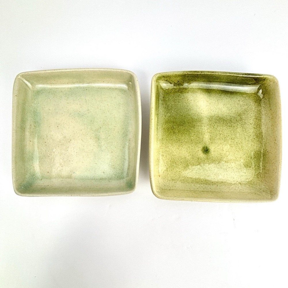 Vintage Studio Pottery Celadon Stoneware Square Trays Pair Signed 4.75"